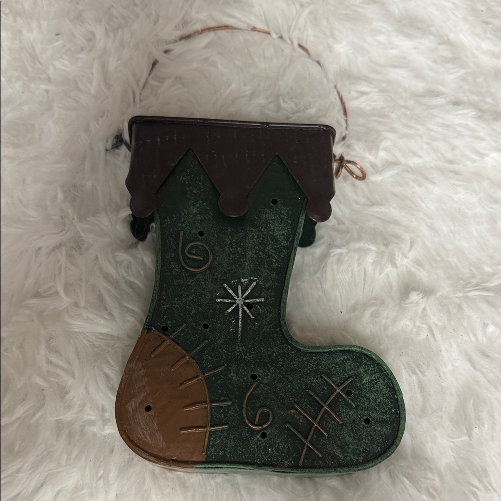Rustic metal Green and Brown Stocking Ornament/vase